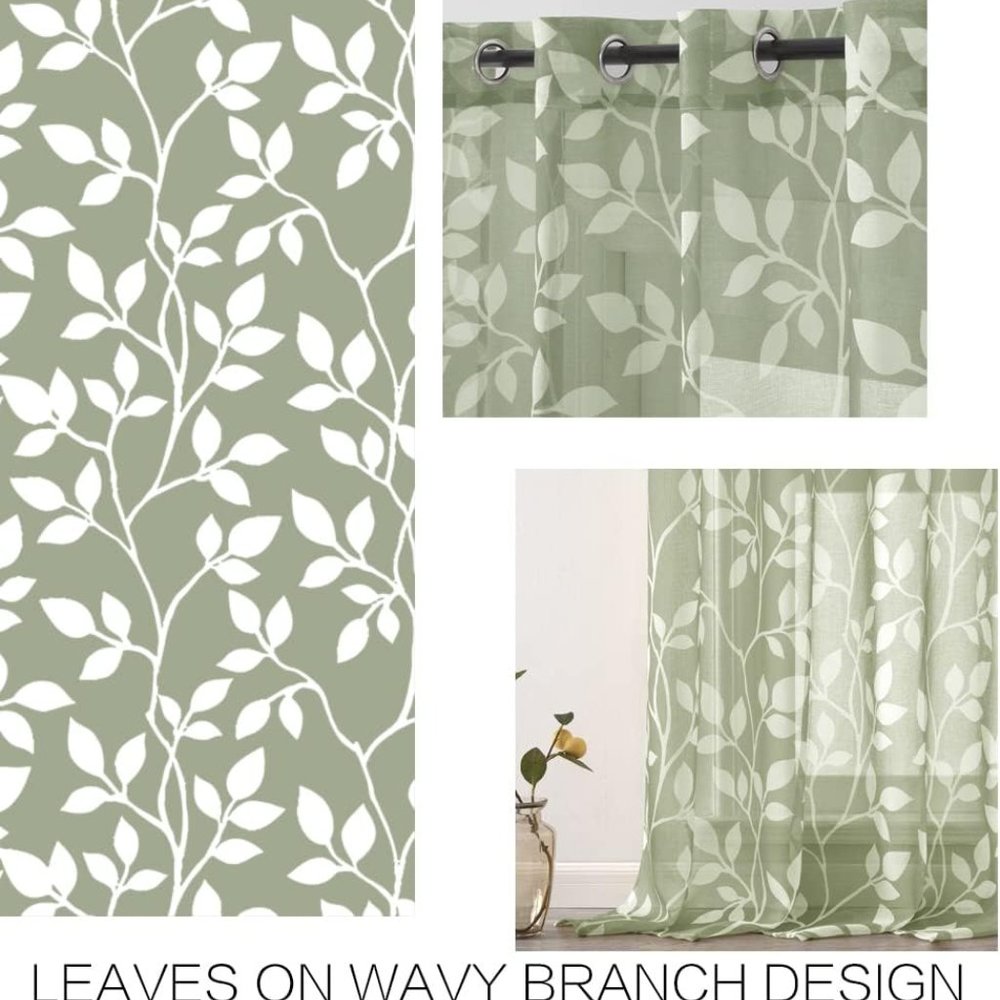 NWT - Extra Long Sage/grey Sheer Curtains with leaf pattern Set of four!